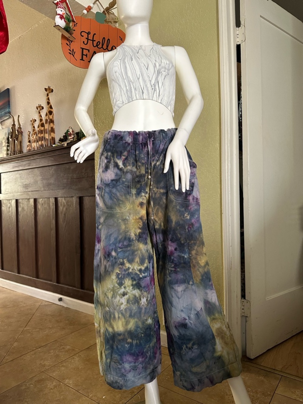 Max Studio Tie-Dye Wide Leg Pants in Blue, Purple, and Gold linen